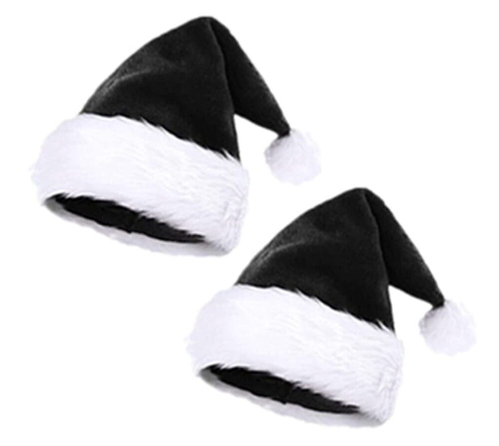 7853 2pcs Black Christmas Santa Hat,Double Layer Luxury Plush Christmas